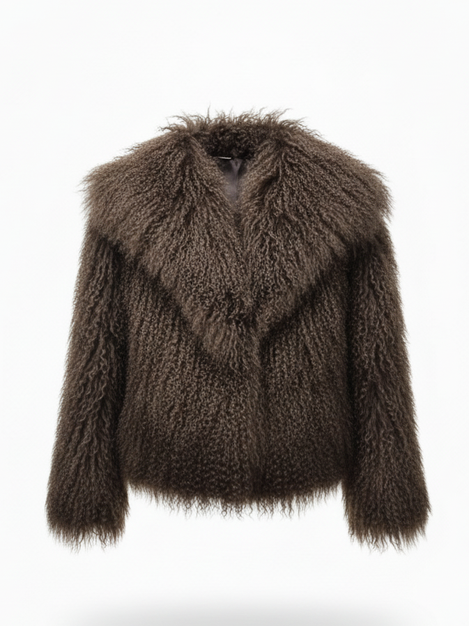 Brown mongolian fur jacket on a white background