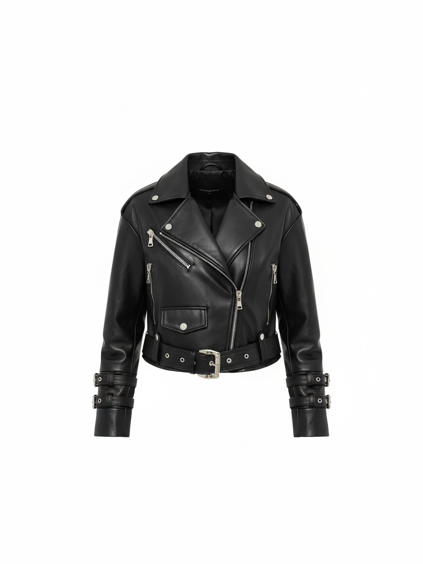 Black leather jacket on a white background