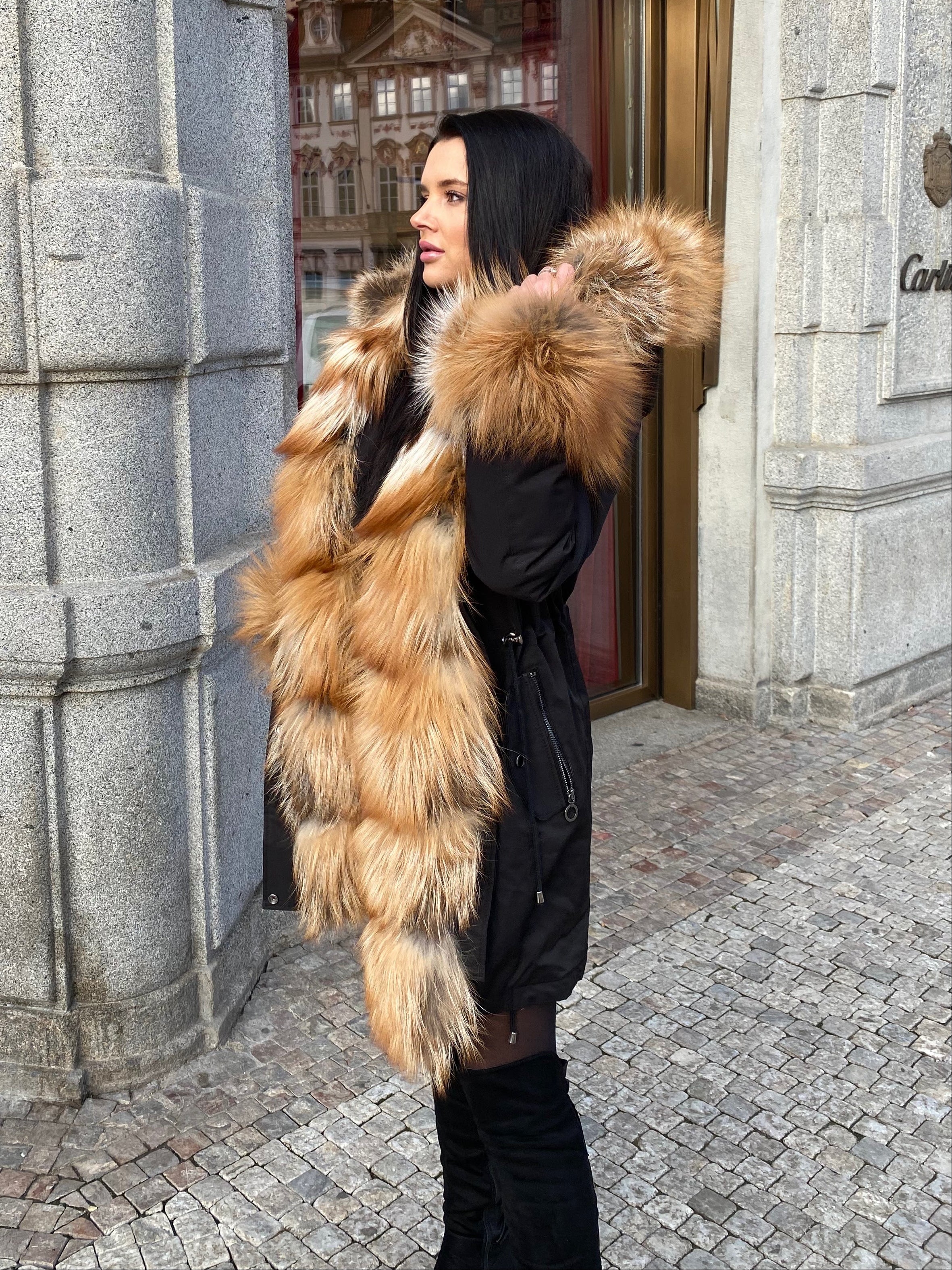 Gold fox fur parker coat