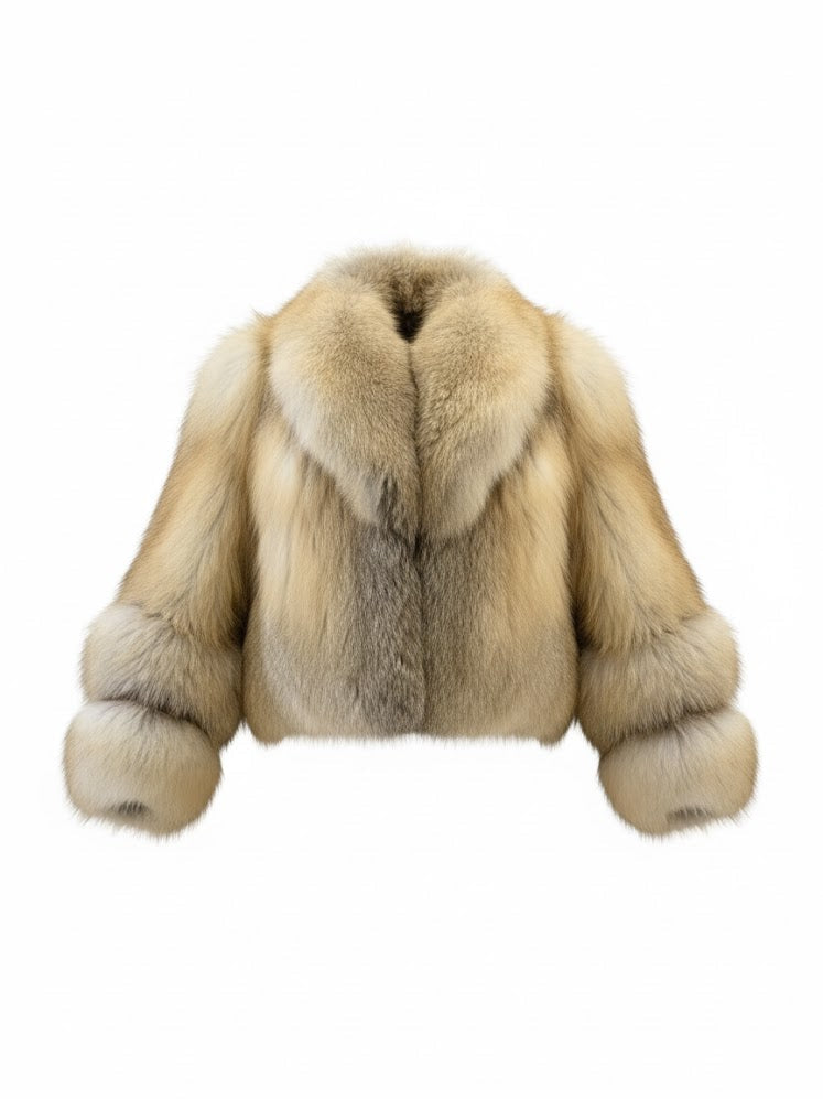 Island fox Fur coat with a hood on a white background