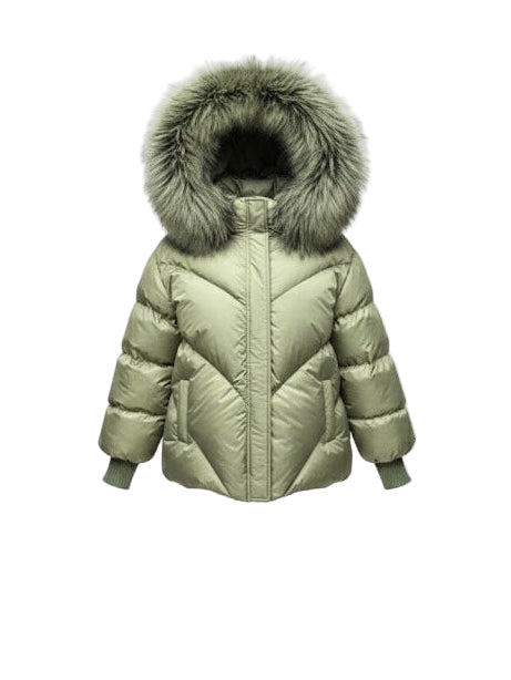 Green down jacket with raccoon fur hood on a white background