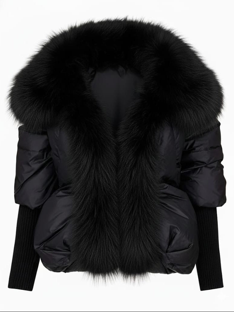 Black puffer jacket with large raccoon fur collar