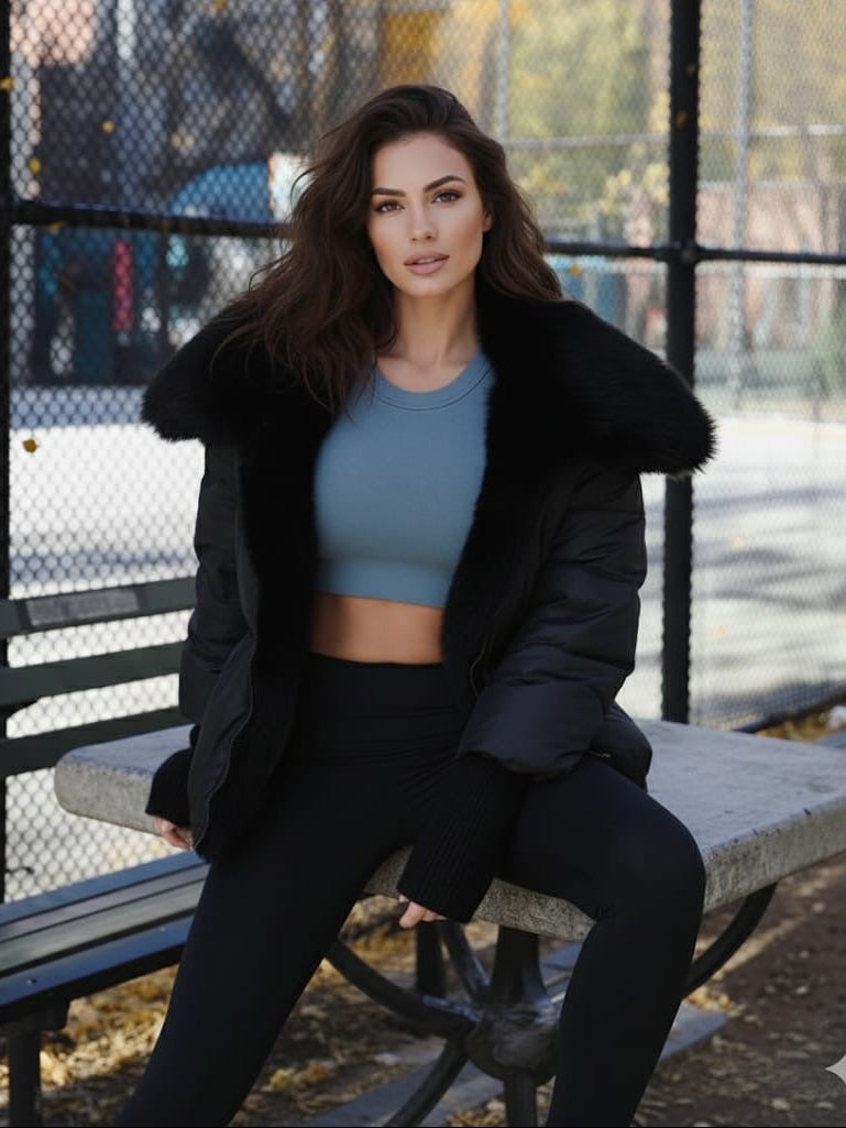 Woman sitting on a bench wearing a black raccoon fur coat, blue top, and black pants.