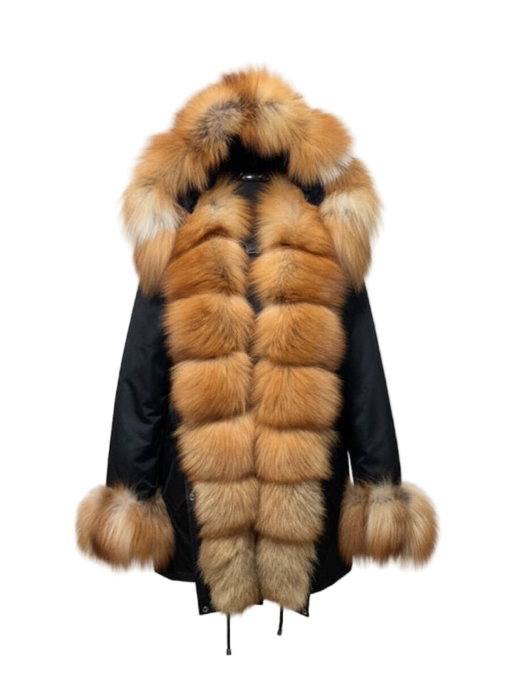 Gold fox fur coat with a hood on a white background