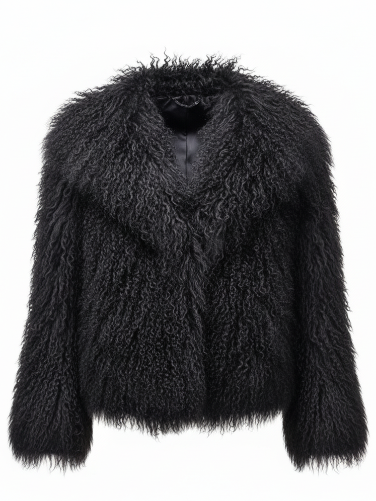 Black mongolian fur jacket on a white background