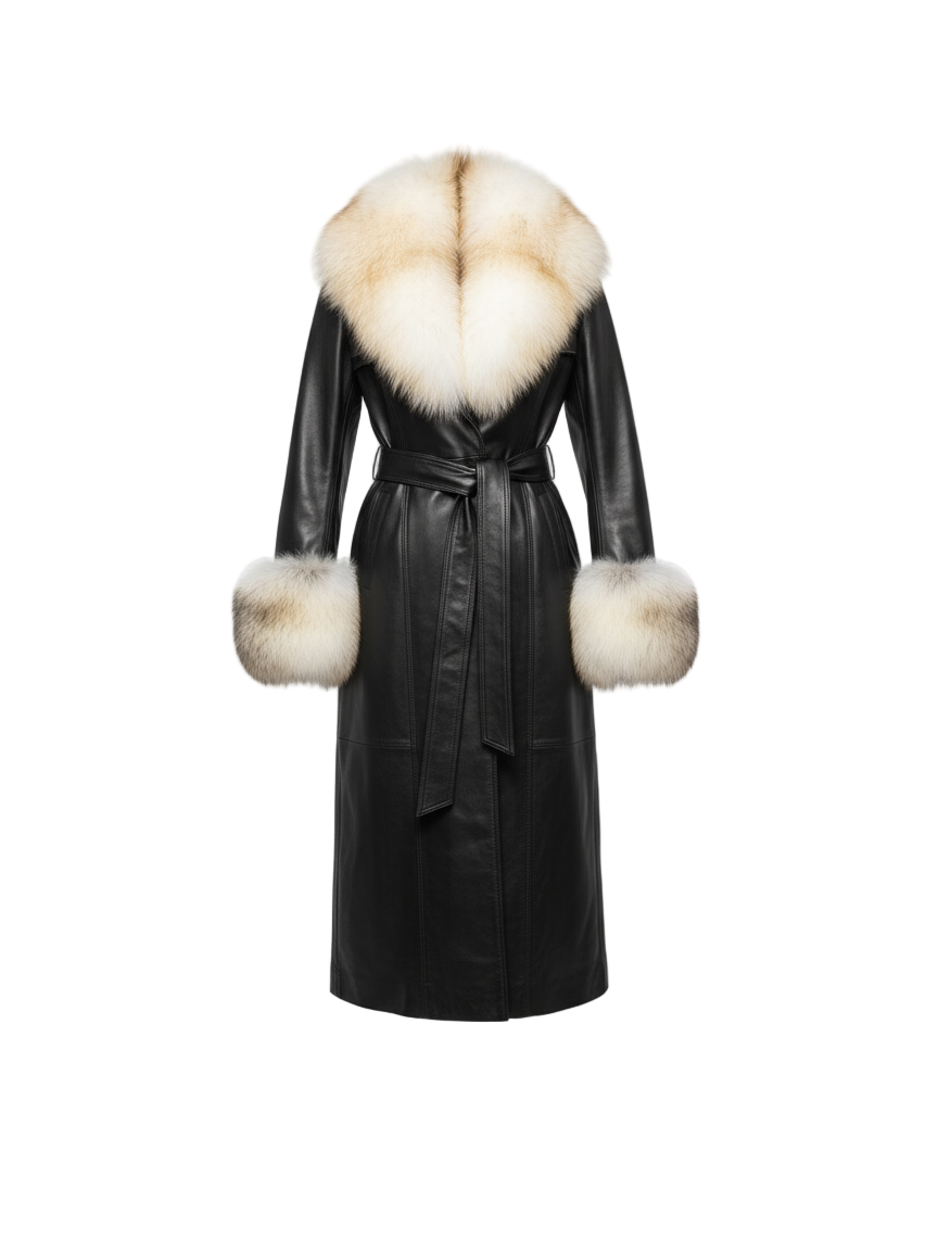 Black leather coat with white fox fur trim on a white background