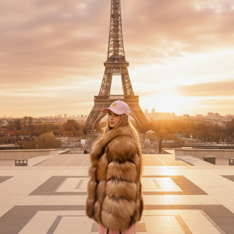 Person in a fur coat standing in front of the Eiffel Tower with a sunset sky.