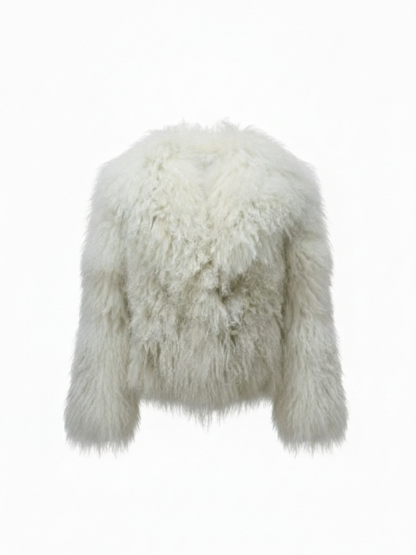 White mongolian fur jacket on a white background