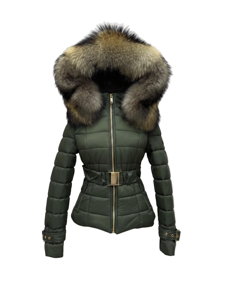 Green puffer jacket with raccoon fur hood on a white background