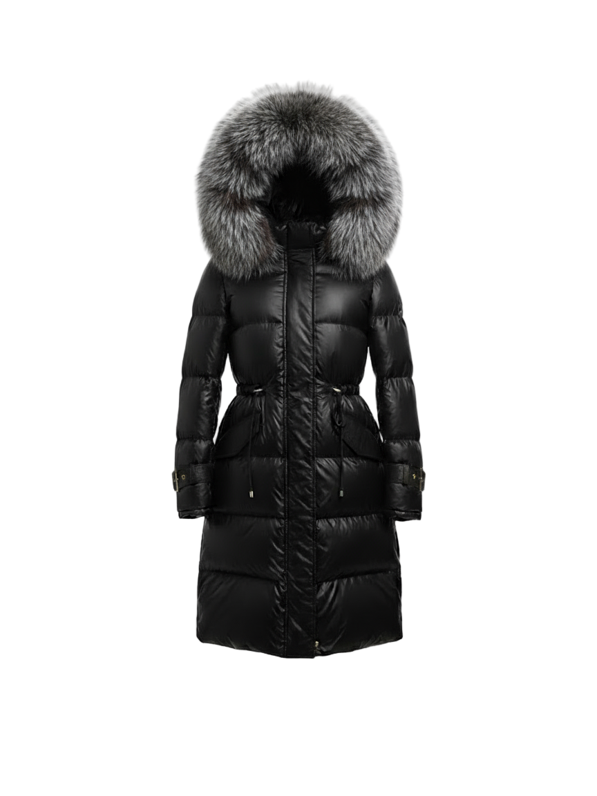 Black winter coat with fur hood on a white background