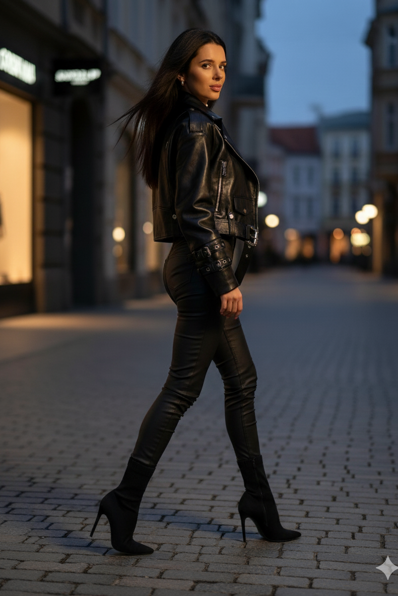 Woman in black lambskin leather jacket and pants walking on a city street at dusk.