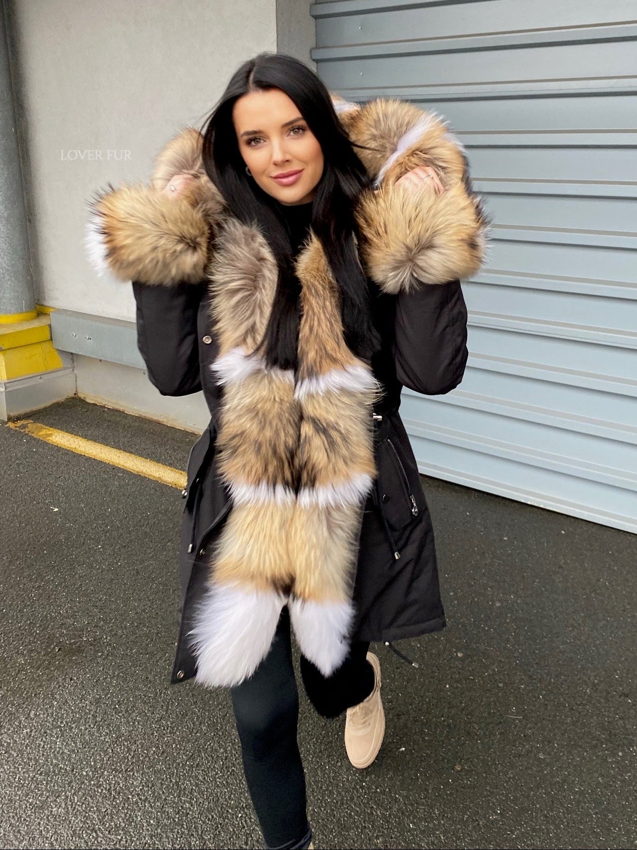 Parker coat in natural and painted raccoon fur