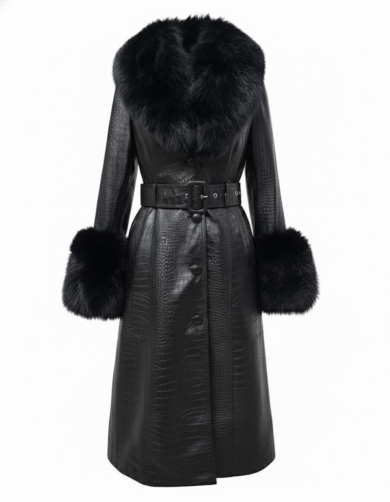 LEATHER BLACK COAT WITH FOX FUR