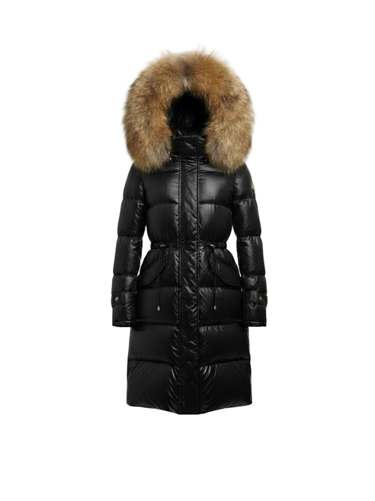 Black puffer coat with raccoon fur hood on a white background