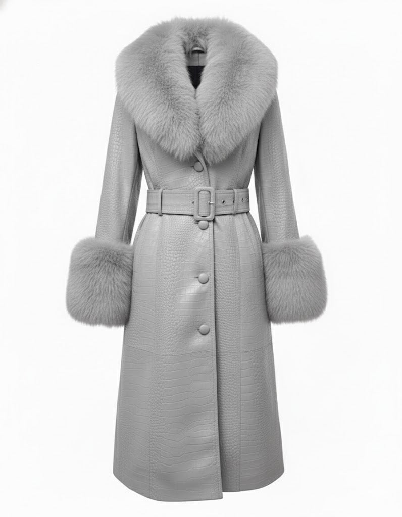 LEATHER GREY COAT WITH FOX FUR